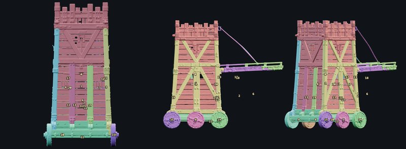 Siege tower with its drawbridge arm, split into animated parts