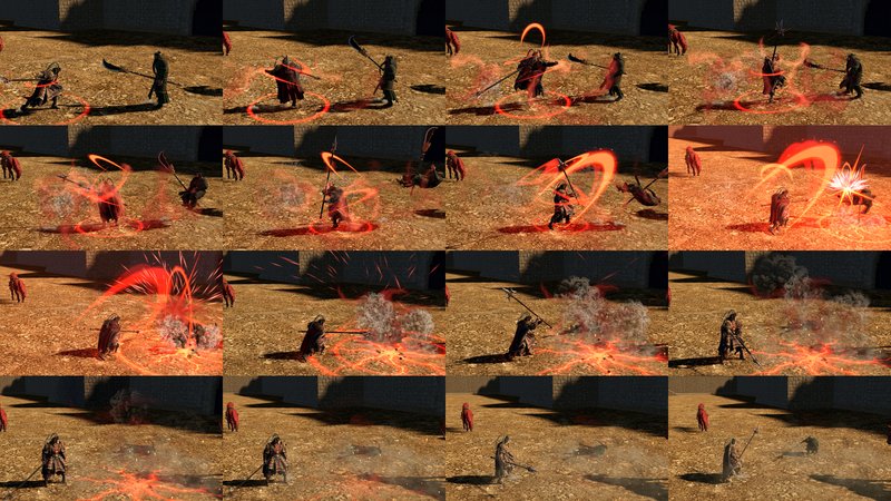 In-game sequence of Lu Bu's signature move versus Guan Yu, Tripo-generated characters and weapons with real-time particle effects