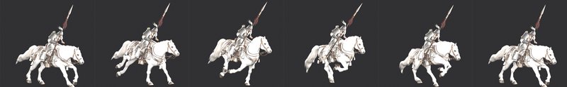 "Baekma" cavalry troop model (rider + horse, built from three separate Tripo FBX deliveries) in a six-frame run cycle