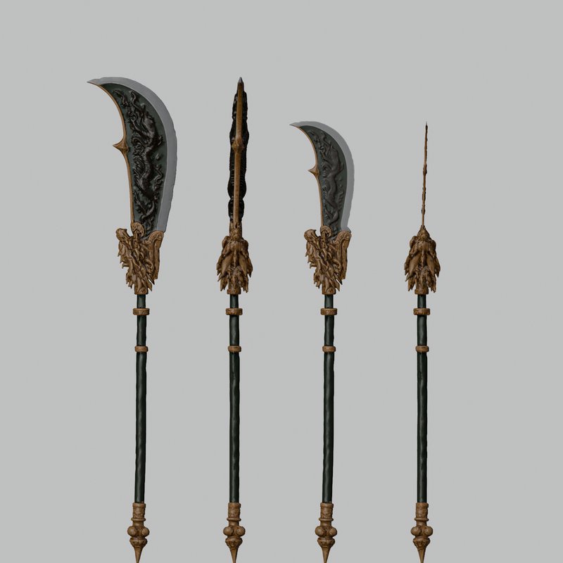 Guan Yu's Green Dragon Blade, Tripo-generated polearm shown from four views (front/side, two blade-shape variants compared)