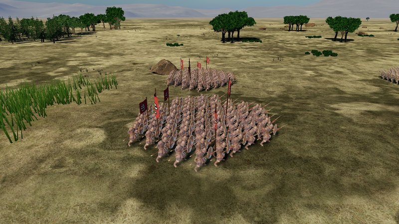 Troop formations with banners on the battlefield, in 3D